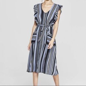 Striped Blue/White Button-Down Tie Waist Midi Dress | Flowy Lightweight Pockets